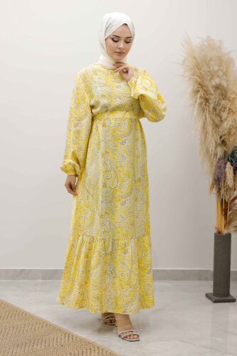 Şal Desen Kuşaklı ElbiseTSD250257 Sarı - 3