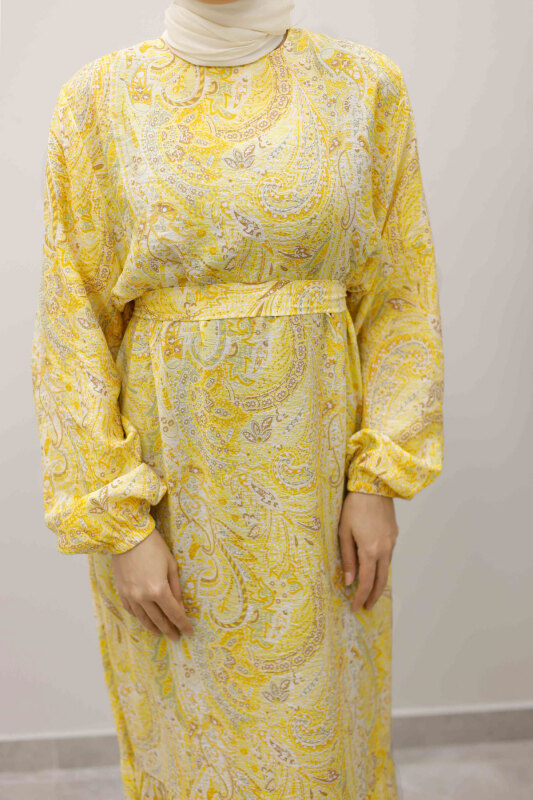 Şal Desen Kuşaklı ElbiseTSD250257 Sarı - 4