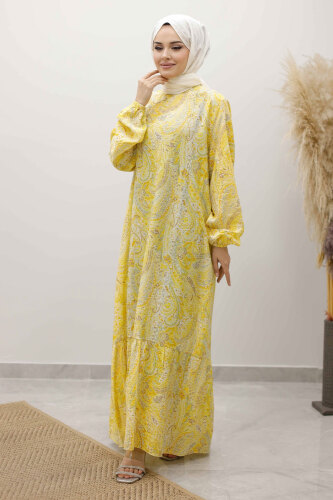 Şal Desen Kuşaklı ElbiseTSD250257 Sarı - 5