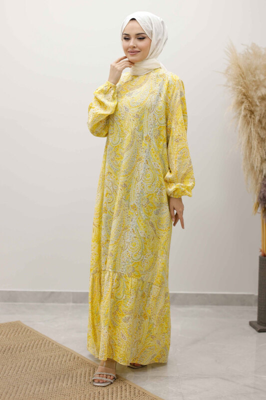 Şal Desen Kuşaklı ElbiseTSD250257 Sarı - 5