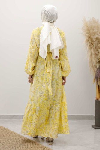 Şal Desen Kuşaklı ElbiseTSD250257 Sarı - 6