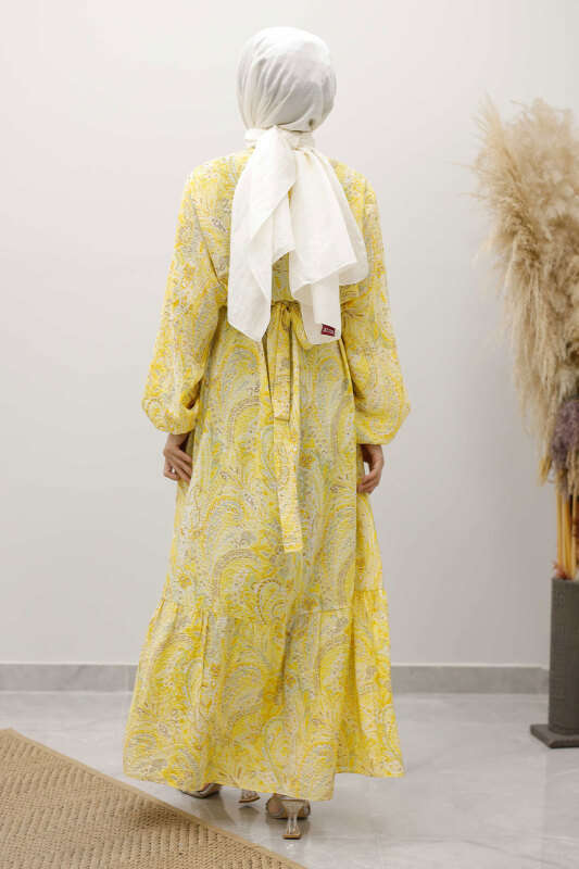 Şal Desen Kuşaklı ElbiseTSD250257 Sarı - 6