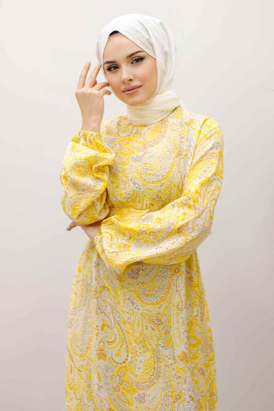Şal Desen Kuşaklı ElbiseTSD250257 Sarı - TESETTÜR DÜNYASI (1)