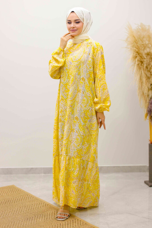 Şal Desen Kuşaklı ElbiseTSD250257 Sarı - 3