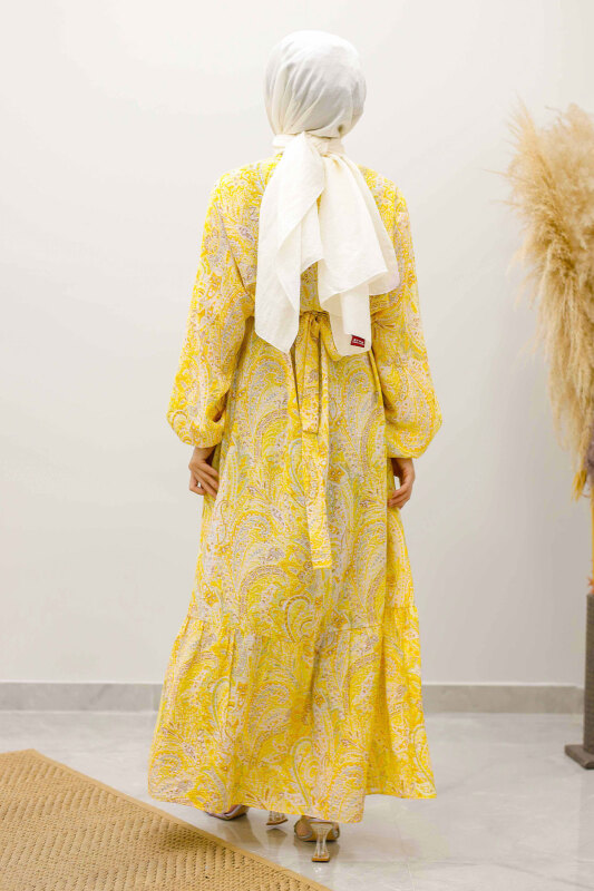 Şal Desen Kuşaklı ElbiseTSD250257 Sarı - 6