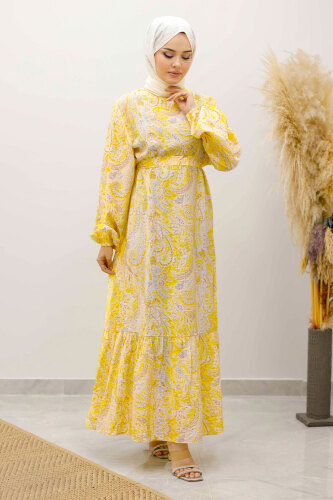 Şal Desen Kuşaklı ElbiseTSD250257 Sarı 