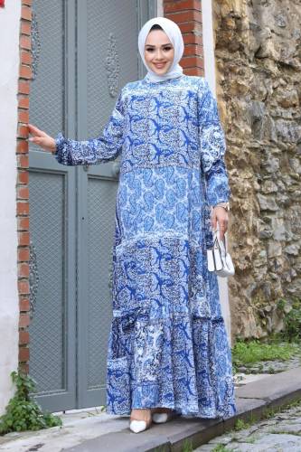 Şal Desenli Eteği Volanlı Elbise TSD240206 Mavi - 4