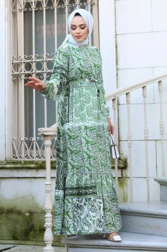 Şal Desenli Eteği Volanlı Elbise TSD240206 Yeşil - 4