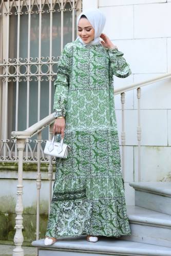 Şal Desenli Eteği Volanlı Elbise TSD240206 Yeşil - 3