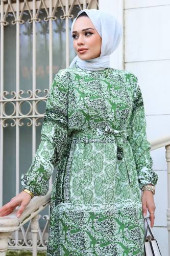 Şal Desenli Eteği Volanlı Elbise TSD240206 Yeşil - 2
