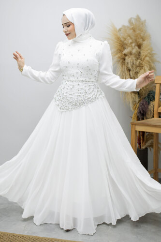 Şifon Etekli Taşlı Tesettür Abiye TSD260199 Beyaz 