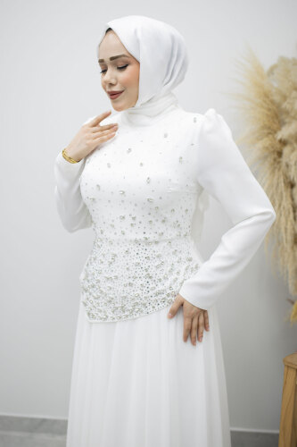 Şifon Etekli Taşlı Tesettür Abiye TSD260199 Beyaz - 2