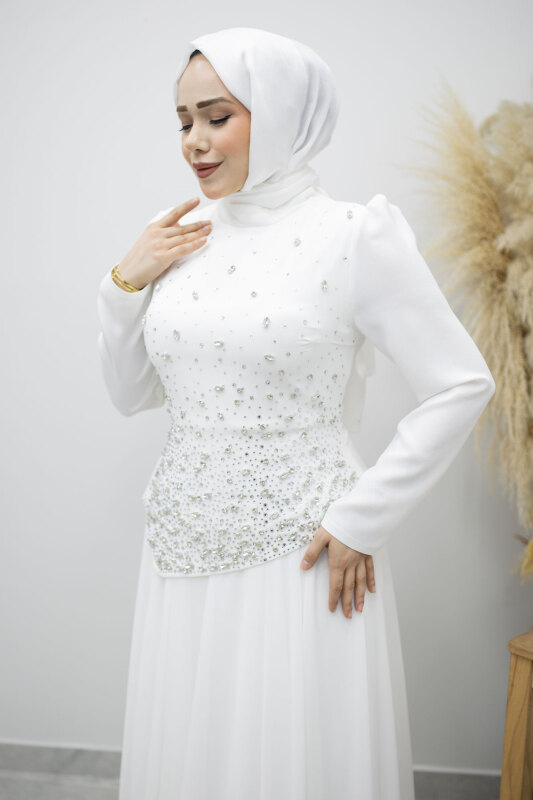 Şifon Etekli Taşlı Tesettür Abiye TSD260199 Beyaz - Tesettür Dünyası (1)