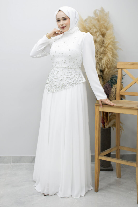 Şifon Etekli Taşlı Tesettür Abiye TSD260199 Beyaz - 3