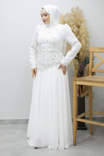 Şifon Etekli Taşlı Tesettür Abiye TSD260199 Beyaz - 5