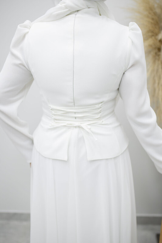 Şifon Etekli Taşlı Tesettür Abiye TSD260199 Beyaz - 6