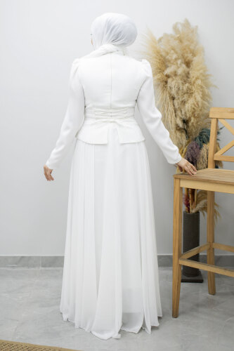 Şifon Etekli Taşlı Tesettür Abiye TSD260199 Beyaz - 7