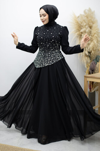 Şifon Etekli Taşlı Tesettür Abiye TSD260199 Siyah - 1