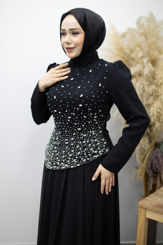 Şifon Etekli Taşlı Tesettür Abiye TSD260199 Siyah - 2
