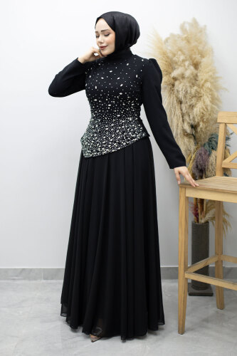 Şifon Etekli Taşlı Tesettür Abiye TSD260199 Siyah - 3