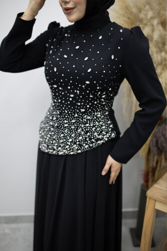 Şifon Etekli Taşlı Tesettür Abiye TSD260199 Siyah - 4