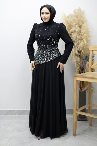 Şifon Etekli Taşlı Tesettür Abiye TSD260199 Siyah - 5