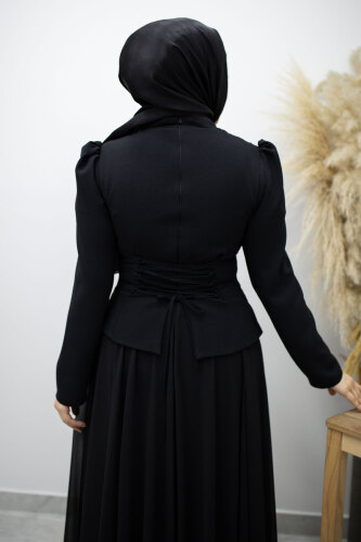 Şifon Etekli Taşlı Tesettür Abiye TSD260199 Siyah - 6