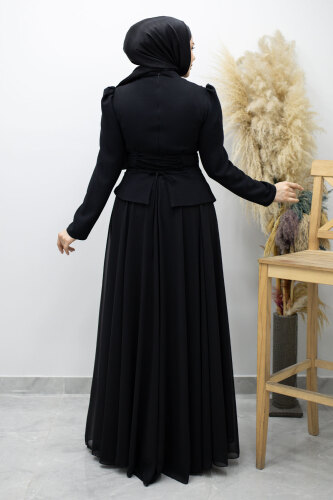 Şifon Etekli Taşlı Tesettür Abiye TSD260199 Siyah - 7