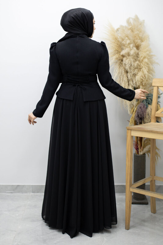 Şifon Etekli Taşlı Tesettür Abiye TSD260199 Siyah - 7