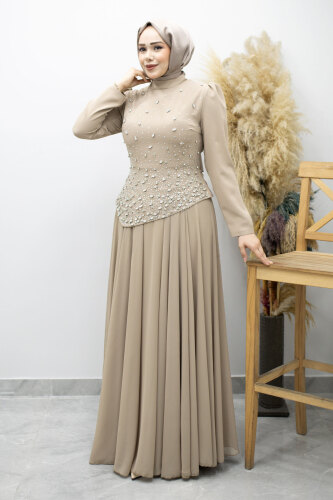 Şifon Etekli Taşlı Tesettür Abiye TSD260199 Vizon 
