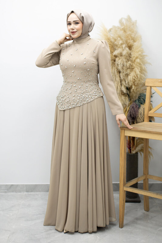 Şifon Etekli Taşlı Tesettür Abiye TSD260199 Vizon - Tesettür Dünyası