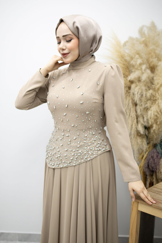 Şifon Etekli Taşlı Tesettür Abiye TSD260199 Vizon - Tesettür Dünyası (1)