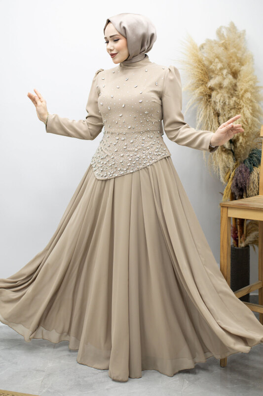 Şifon Etekli Taşlı Tesettür Abiye TSD260199 Vizon - 3