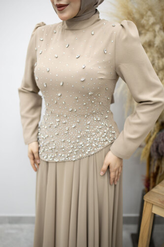 Şifon Etekli Taşlı Tesettür Abiye TSD260199 Vizon - 4