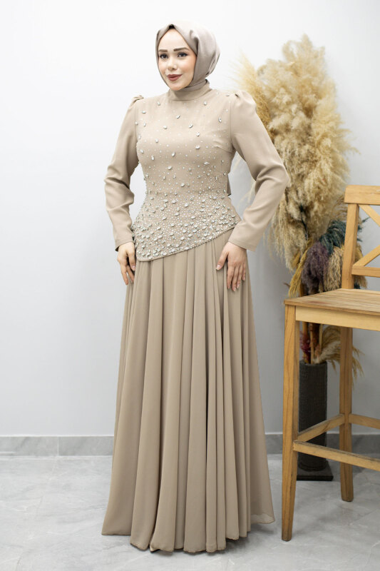 Şifon Etekli Taşlı Tesettür Abiye TSD260199 Vizon - 5