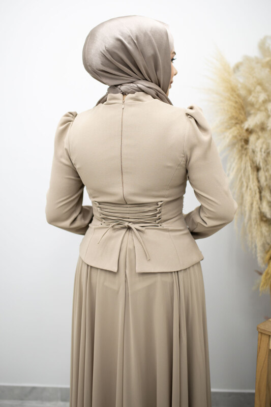 Şifon Etekli Taşlı Tesettür Abiye TSD260199 Vizon - 6