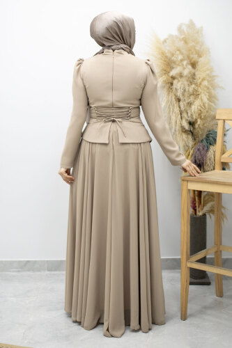 Şifon Etekli Taşlı Tesettür Abiye TSD260199 Vizon - 7