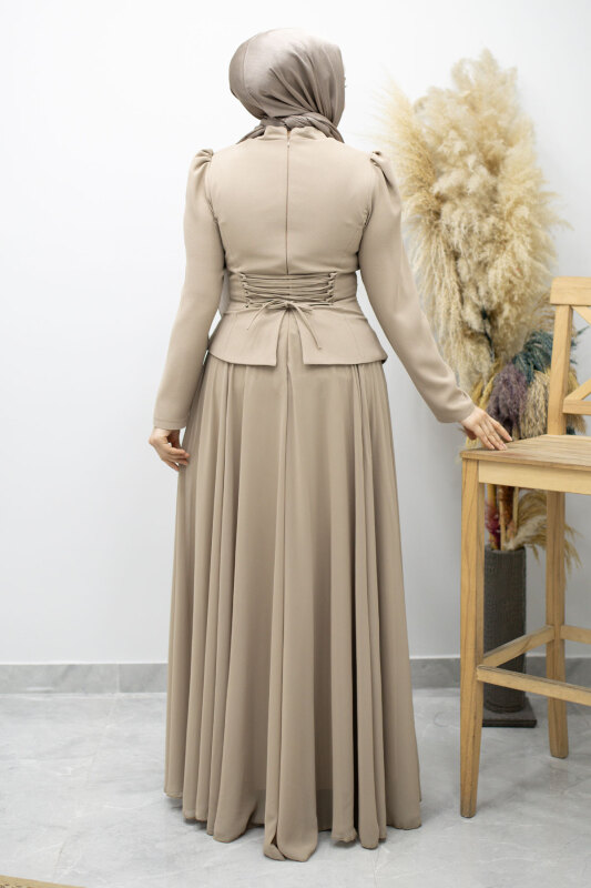 Şifon Etekli Taşlı Tesettür Abiye TSD260199 Vizon - 7