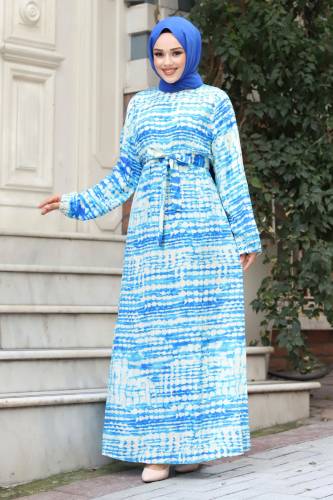 Sulu Boya Desenli Beli Kuşaklı Viskon Elbise TSD240324 Mavi 