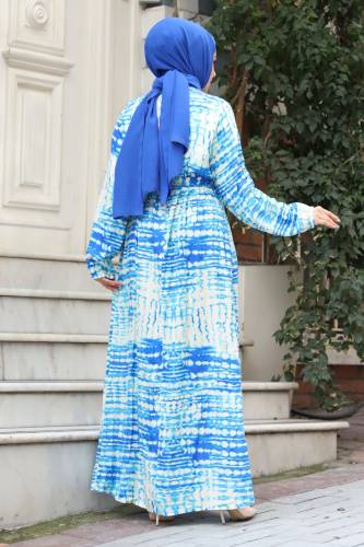 Sulu Boya Desenli Beli Kuşaklı Viskon Elbise TSD240324 Mavi - 5