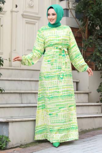 Sulu Boya Desenli Beli Kuşaklı Viskon Elbise TSD240324 Yeşil - 3