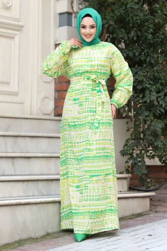 Sulu Boya Desenli Beli Kuşaklı Viskon Elbise TSD240324 Yeşil - 1