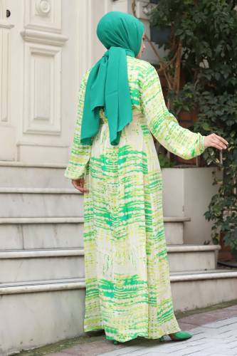 Sulu Boya Desenli Beli Kuşaklı Viskon Elbise TSD240324 Yeşil - 5