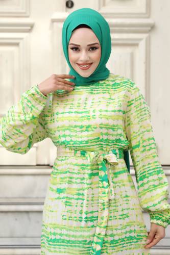 Sulu Boya Desenli Beli Kuşaklı Viskon Elbise TSD240324 Yeşil - 2