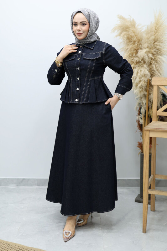 Süs Cepli Belden Oturtmalı Etekli Takım TSD260146 Koyu Mavi - Tesettür Dünyası