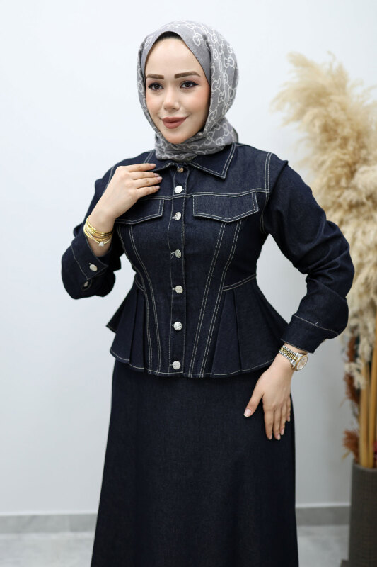 Süs Cepli Belden Oturtmalı Etekli Takım TSD260146 Koyu Mavi - Tesettür Dünyası (1)