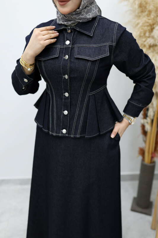 Süs Cepli Belden Oturtmalı Etekli Takım TSD260146 Koyu Mavi - 4