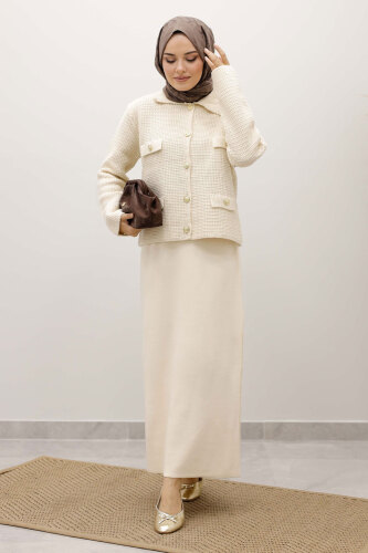 Süs Cepli Triko Hırka TSD250243 Bej - TESETTÜR DÜNYASI