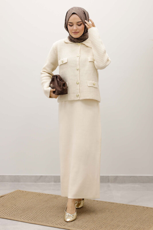 Süs Cepli Triko Hırka TSD250243 Bej - TESETTÜR DÜNYASI