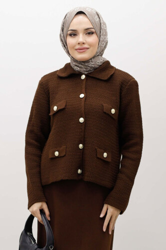 Süs Cepli Triko Hırka TSD250243 Kahverengi - Tesettür Dünyası